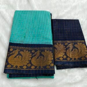 A premium soft cotton handloom Sungudi saree featuring gold zari kattam checks and a matching blouse—elegant, lightweight, and traditionally crafted