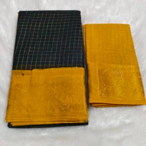 A premium soft cotton handloom Sungudi saree featuring gold zari kattam checks and a matching blouse—elegant, lightweight, and traditionally crafted