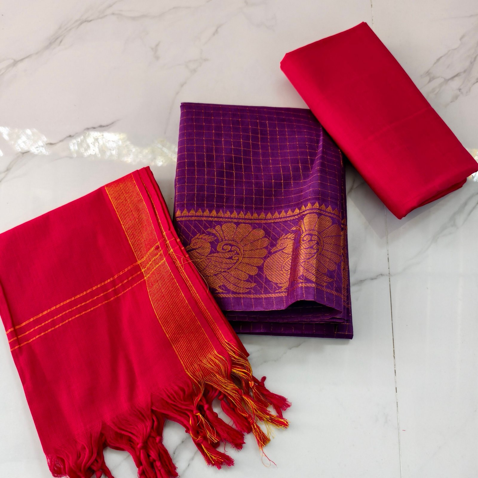 Traditional Sungudi cotton salwar material with 2.45m top, 2m bottom, and 2.30m dupatta—soft, breathable, and perfect for comfortable daily wear