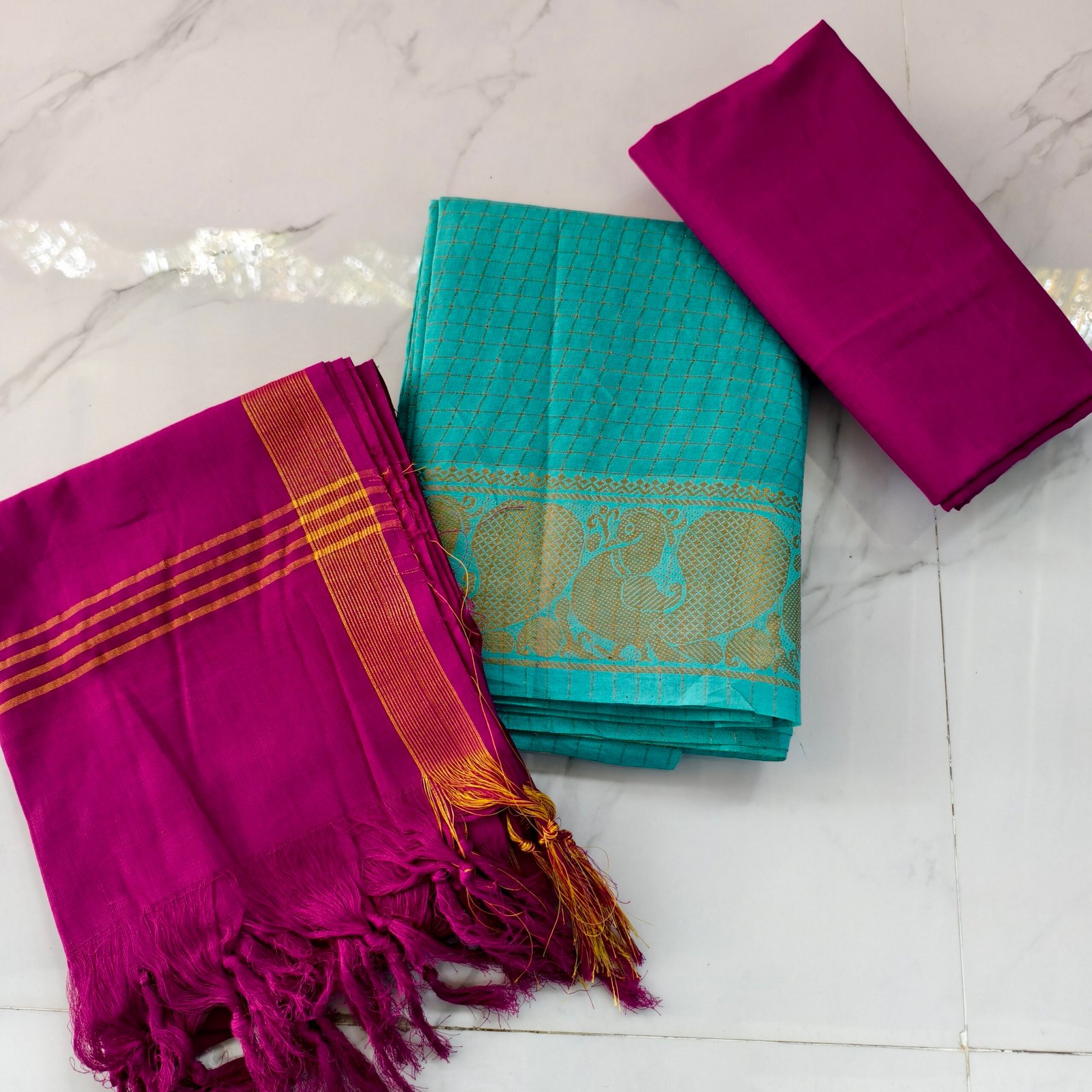 Traditional Sungudi cotton salwar material with 2.45m top, 2m bottom, and 2.30m dupatta—soft, breathable, and perfect for comfortable daily wear