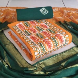 Elegant Batik cotton salwar material with intricate Kantha stitch work, including 2.40m top, 2.40m bottom, and 2.30m dupatta — perfect for stylish and comfortable ethnic wear.