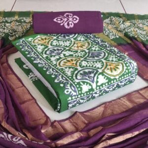 Elegant Batik cotton salwar material with intricate Kantha stitch work, including 2.40m top, 2.40m bottom, and 2.30m dupatta — perfect for stylish and comfortable ethnic wear.