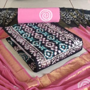 Elegant Batik cotton salwar material with intricate Kantha stitch work, including 2.40m top, 2.40m bottom, and 2.30m dupatta — perfect for stylish and comfortable ethnic wear.