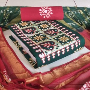 Elegant Batik cotton salwar material with intricate Kantha stitch work, including 2.40m top, 2.40m bottom, and 2.30m dupatta — perfect for stylish and comfortable ethnic wear.