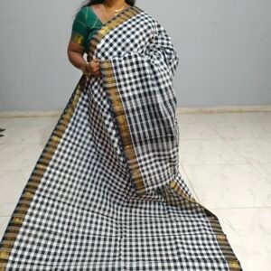 Chettinadu Cotton Saree – Small Checks (Black & White) with Double-Sided Coin & Peacock Border